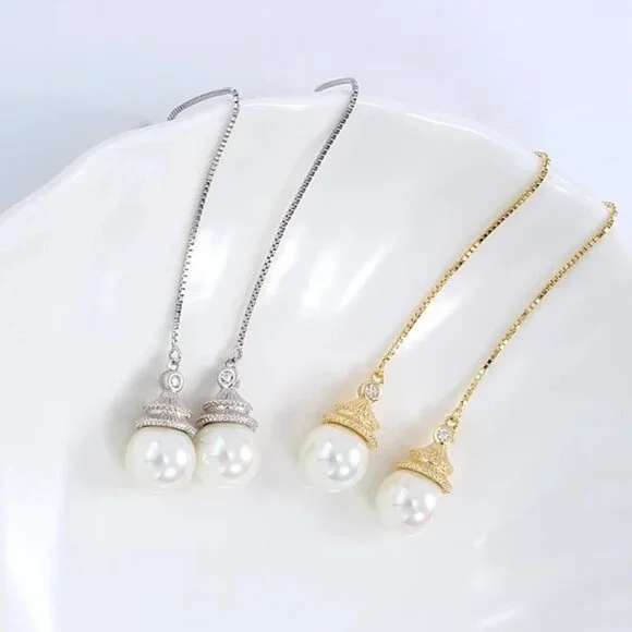 Cultured 7.75mm Pearl Earrings dangling from a 3.5 inch chain 18KY Plated - Picture 6 of 7